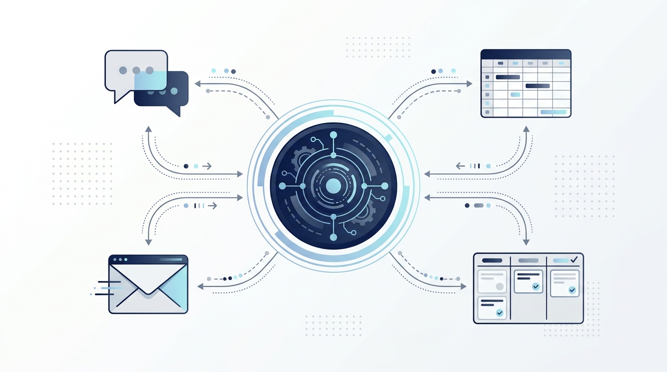 Ilustrasi integrasi AI langsung ke aplikasi harian staf bisnis seperti email, CRM, spreadsheet, dan pesan instan