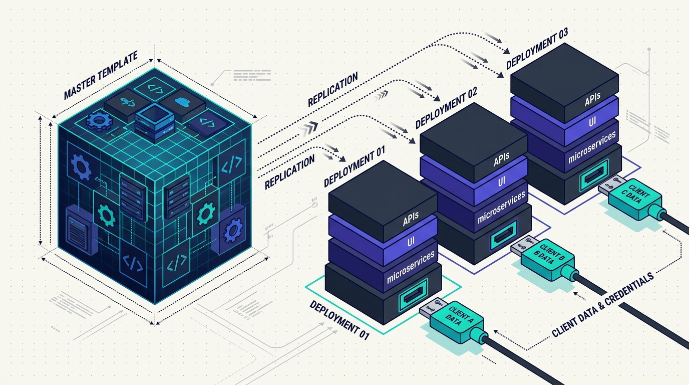 Ilustrasi model productized service: standarisasi templat sistem modular untuk replikasi cepat ke banyak klien