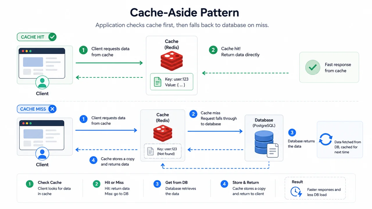 Alur cache-aside pattern dengan read-through menuju cache dan database
