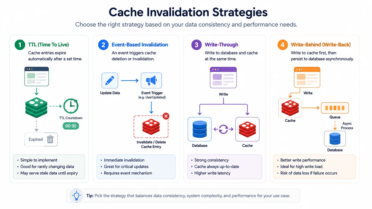Strategi cache invalidation: TTL, event-based, write-through, dan write-behind