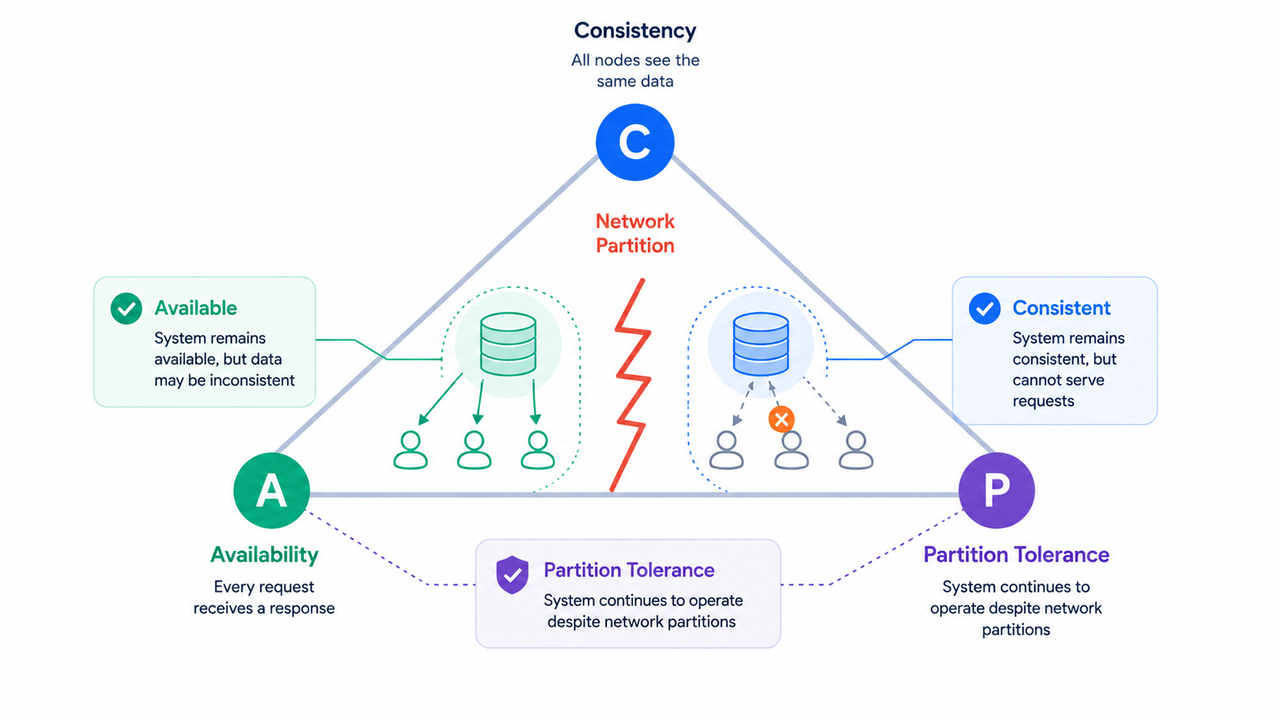 CAP theorem: during a network partition, choose consistency or availability