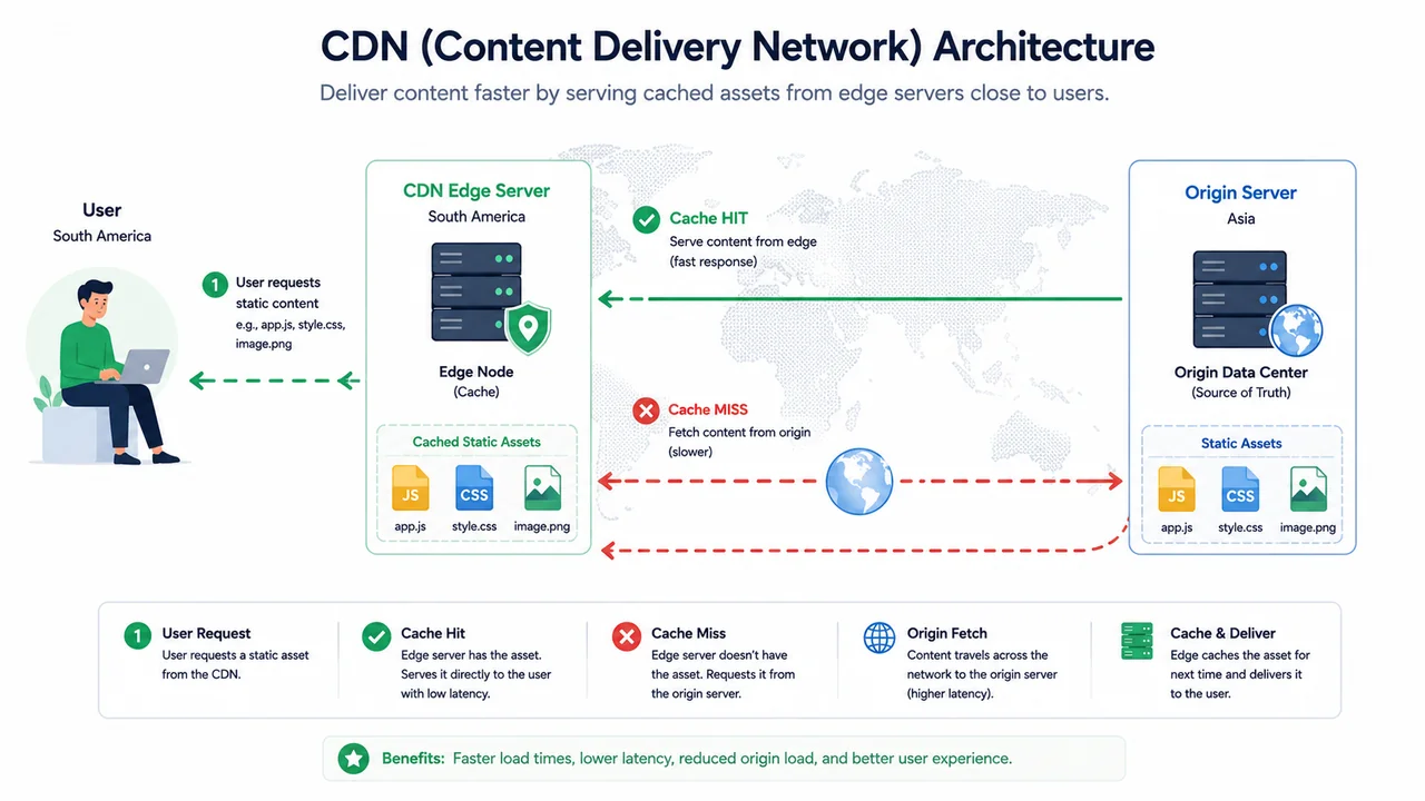 CDN edge server menyajikan konten dari cache ke pengguna di berbagai wilayah