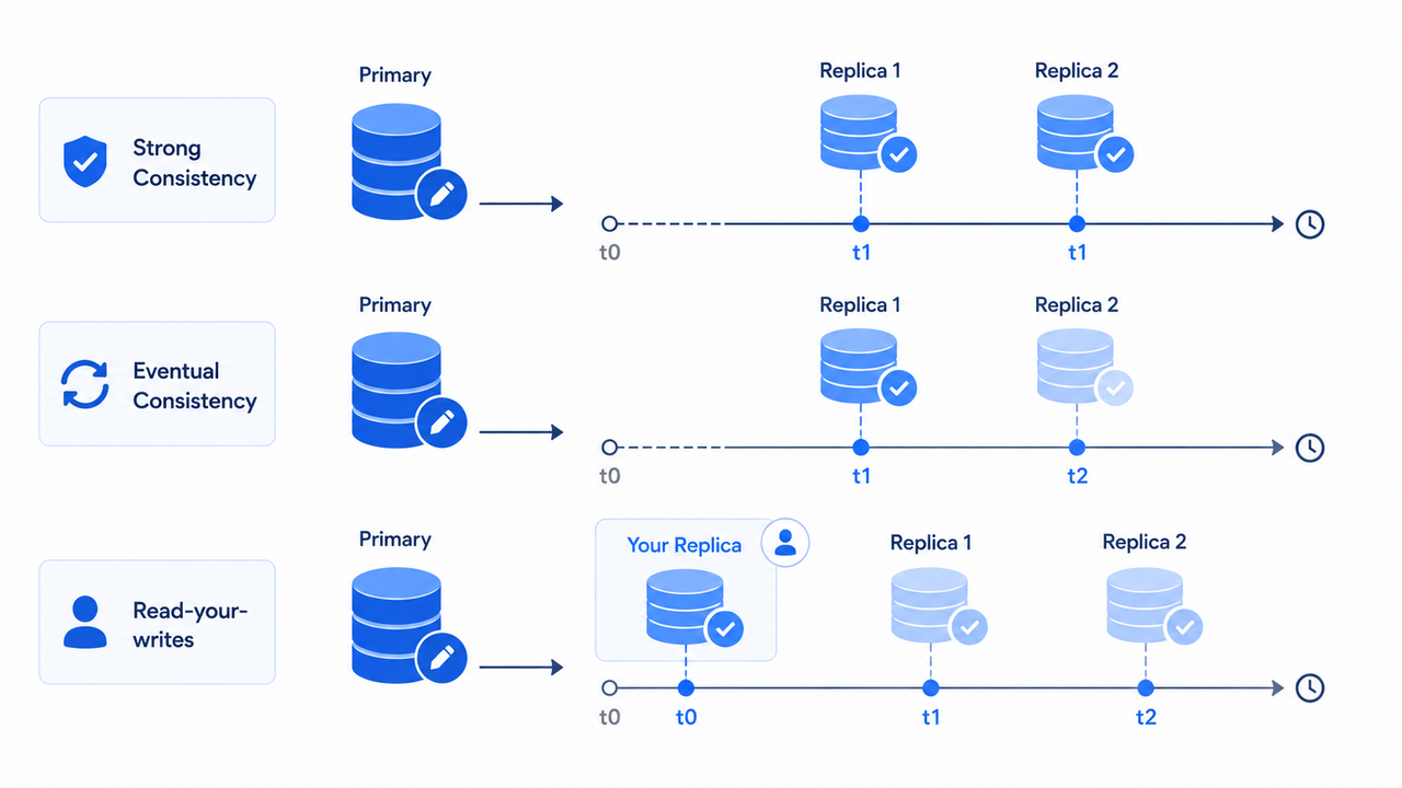 Consistency models: strong, eventual, and read-your-writes compare when replicas see updates