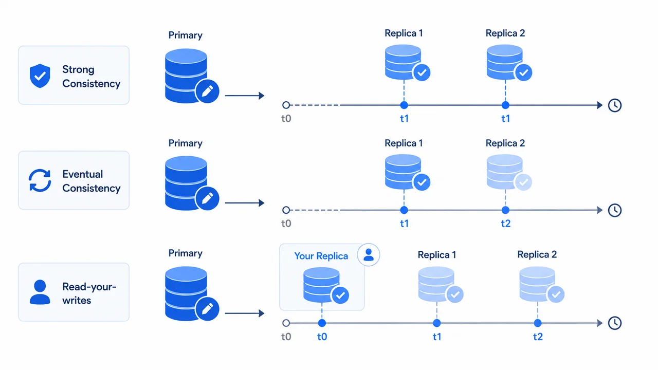 Model konsistensi: strong, eventual, dan read-your-writes membandingkan kapan replica melihat update