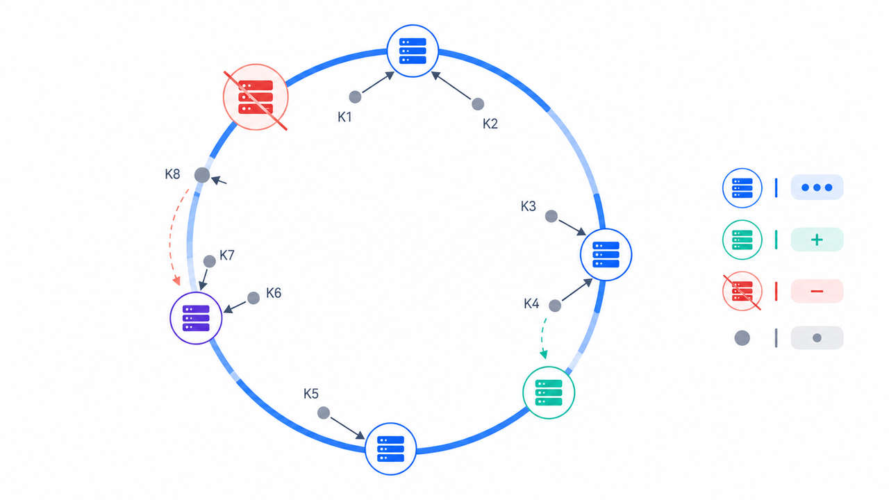 Consistent hashing ring: adding or removing a node remaps only a small slice of keys
