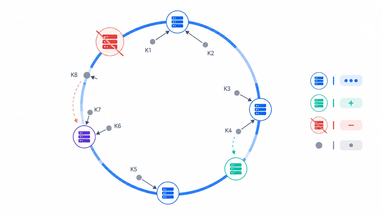 Ring consistent hashing: tambah atau hapus node hanya memindahkan sebagian kecil key