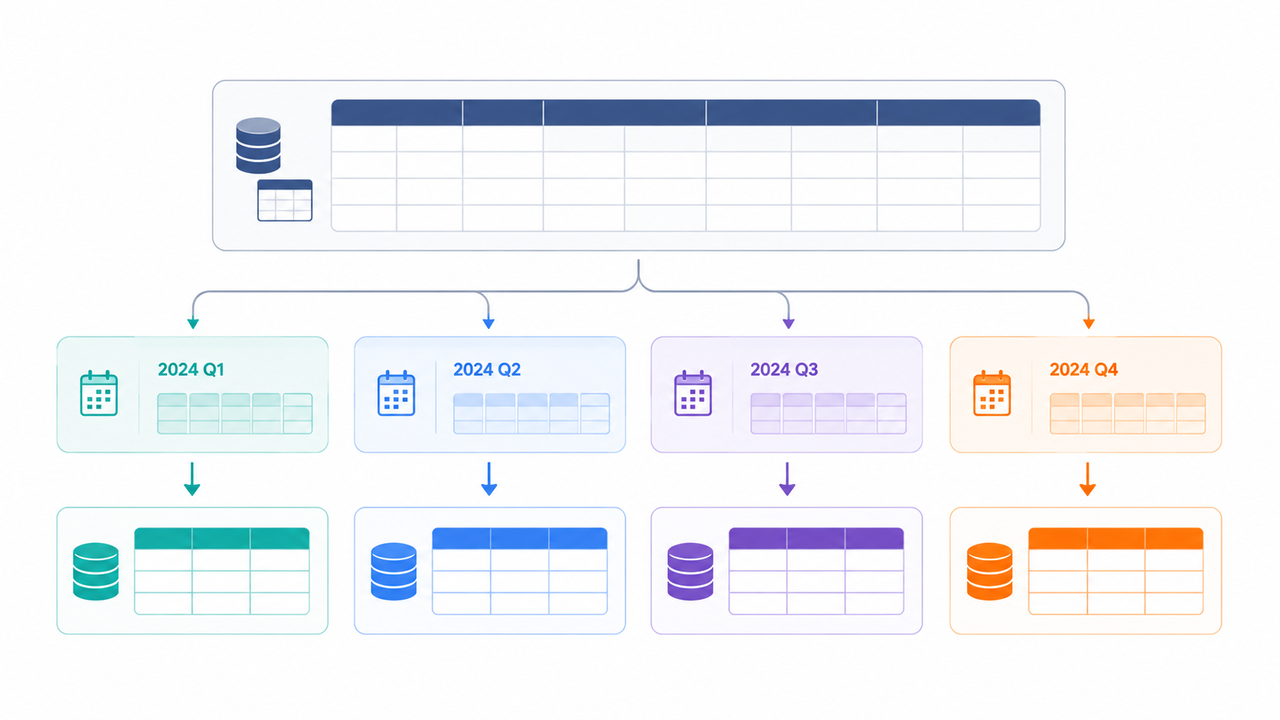Data partitioning by date, region, or segment splits one large table into smaller partitions