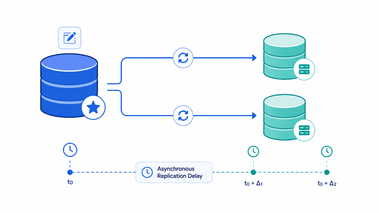 Database replication flow: primary writes propagate to replicas with async delay