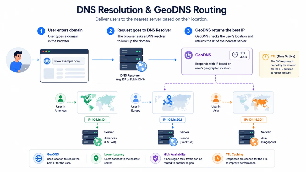 Resolusi DNS dengan GeoDNS mengarahkan pengguna ke server regional terdekat