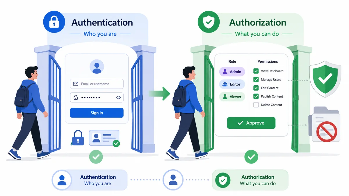 Perbedaan authentication dan authorization pada aplikasi web diilustrasikan dengan gerbang login