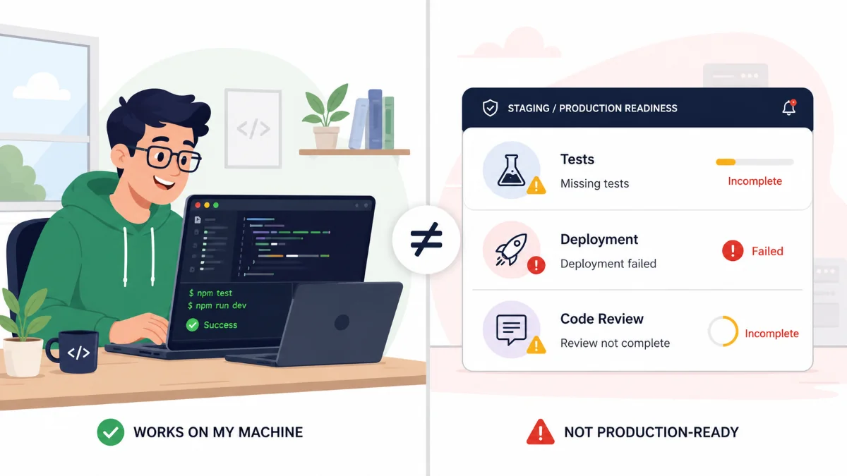 Ilustrasi membandingkan coding selesai secara lokal dengan kesiapan production