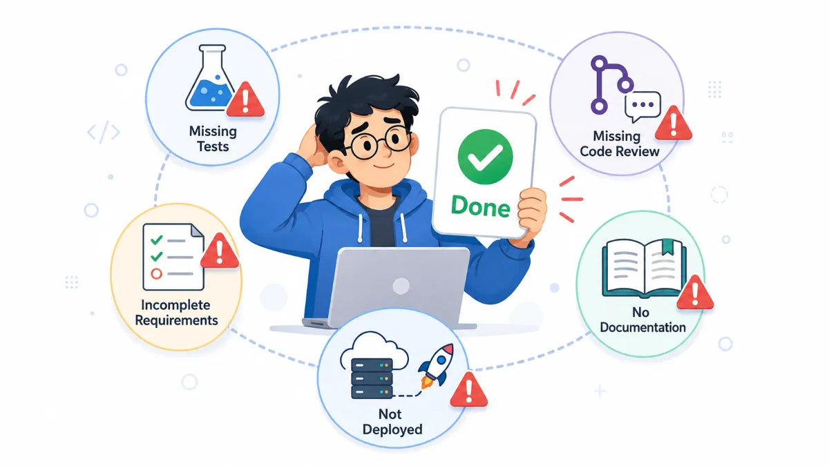 Developer junior memegang task card Done dikelilingi peringatan tes dan code review yang belum selesai