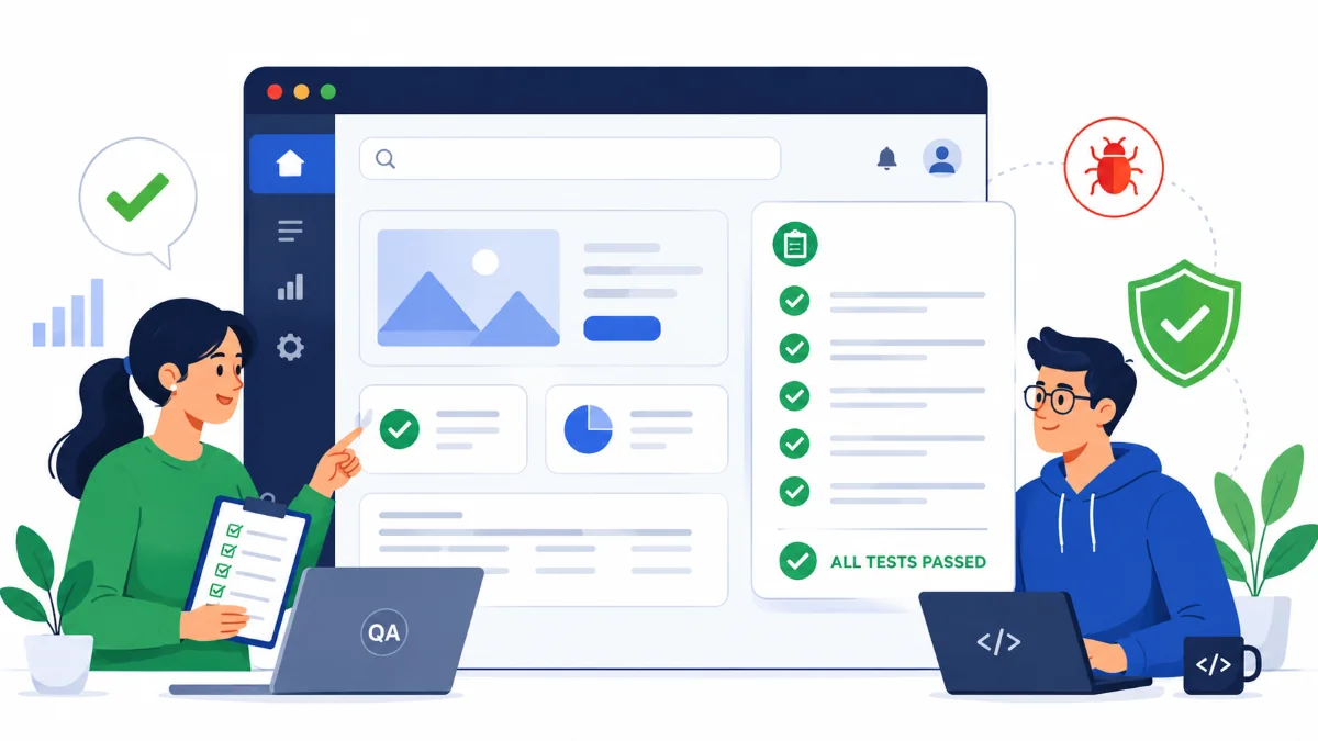 QA tester dan developer memeriksa fitur terhadap test case pada layar aplikasi web