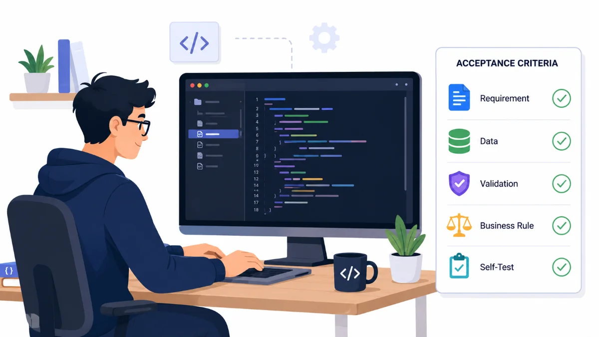 Developer menulis kode dengan checklist acceptance criteria di samping editor