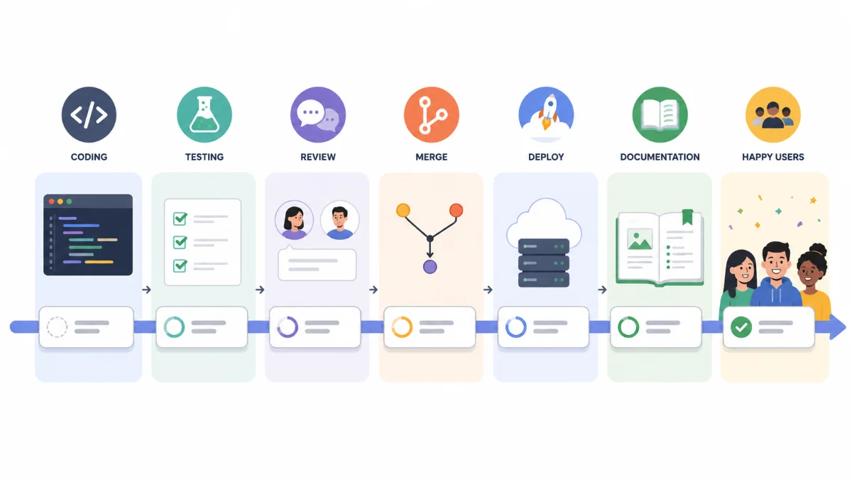 Task card melewati pipeline lengkap: coding, testing, review, merge, dan deploy