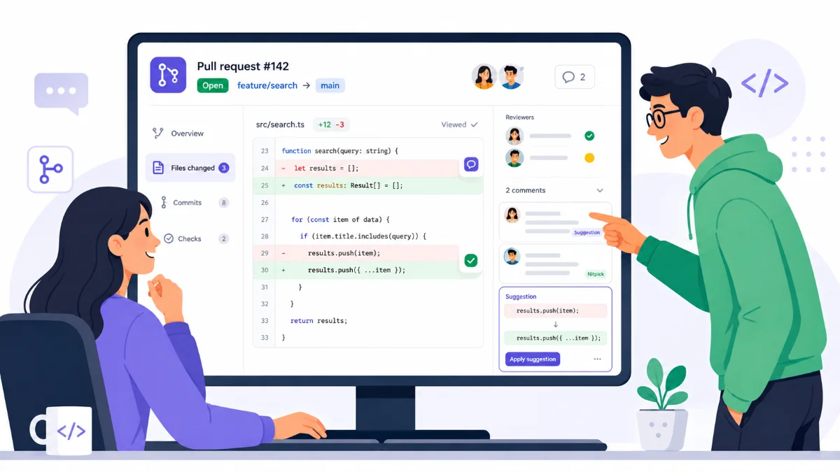 Dua developer me-review pull request di monitor besar berisi baris kode dan komentar