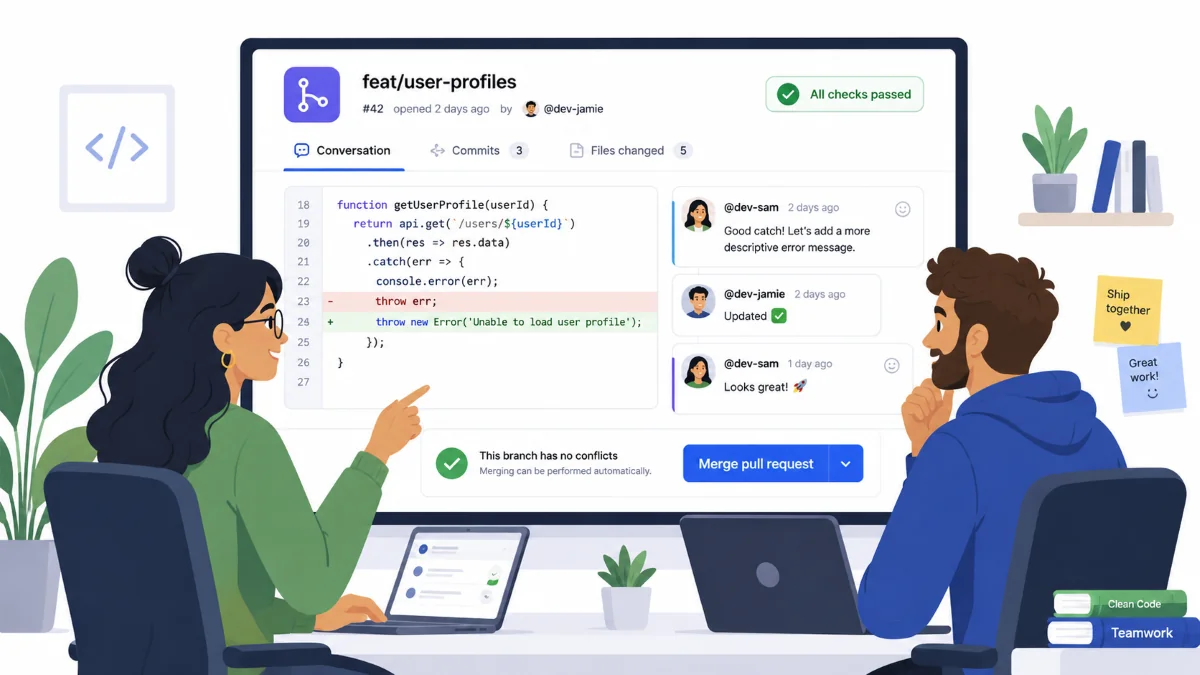 Dua developer me-review pull request berisi code snippet dan komentar review
