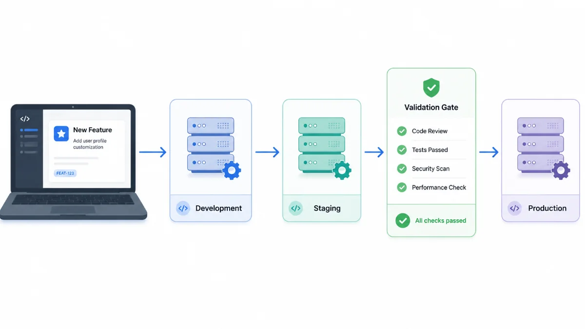 Fitur berpindah dari laptop developer ke environment development, staging, dan production