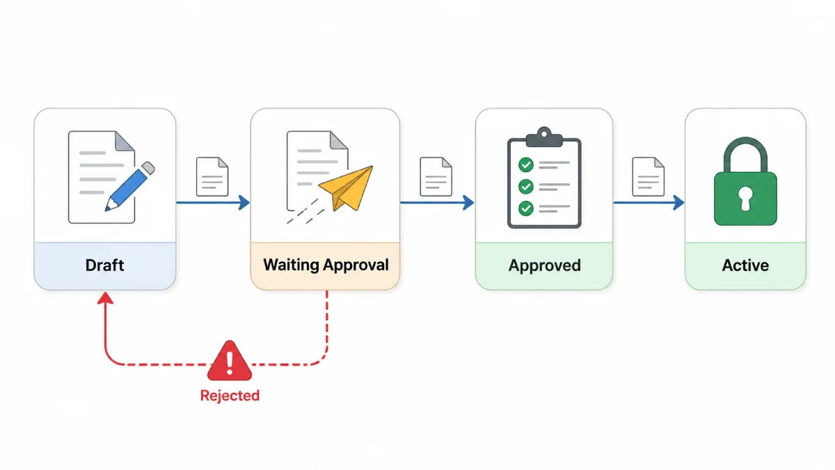 Alur status workflow: draft, active, approved, dan rejected