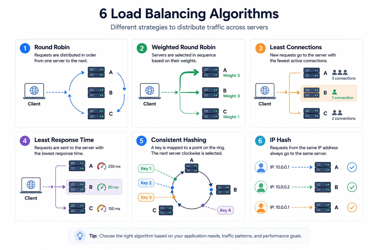 Algoritma load balancing: round robin, weighted, least connections, dan hash