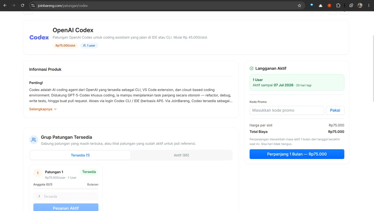 Paket OpenAI Codex di JoinBareng dengan harga sekitar Rp75.000 per bulan.