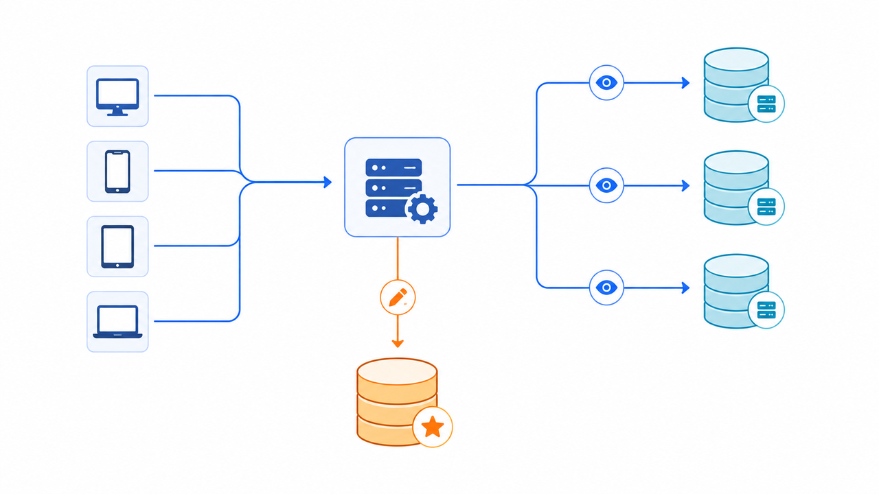Read replica routing: write path goes to primary, read paths fan out to replicas