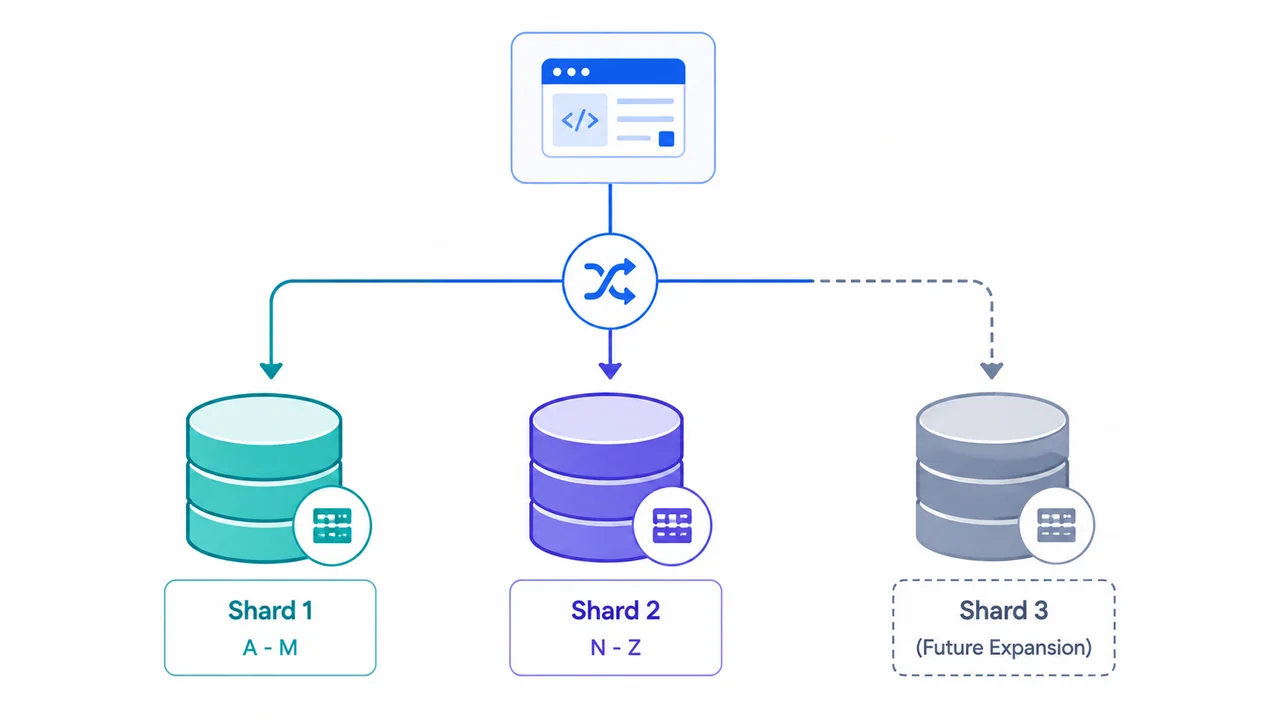 Database sharding memecah data ke server database terpisah berdasarkan rentang key